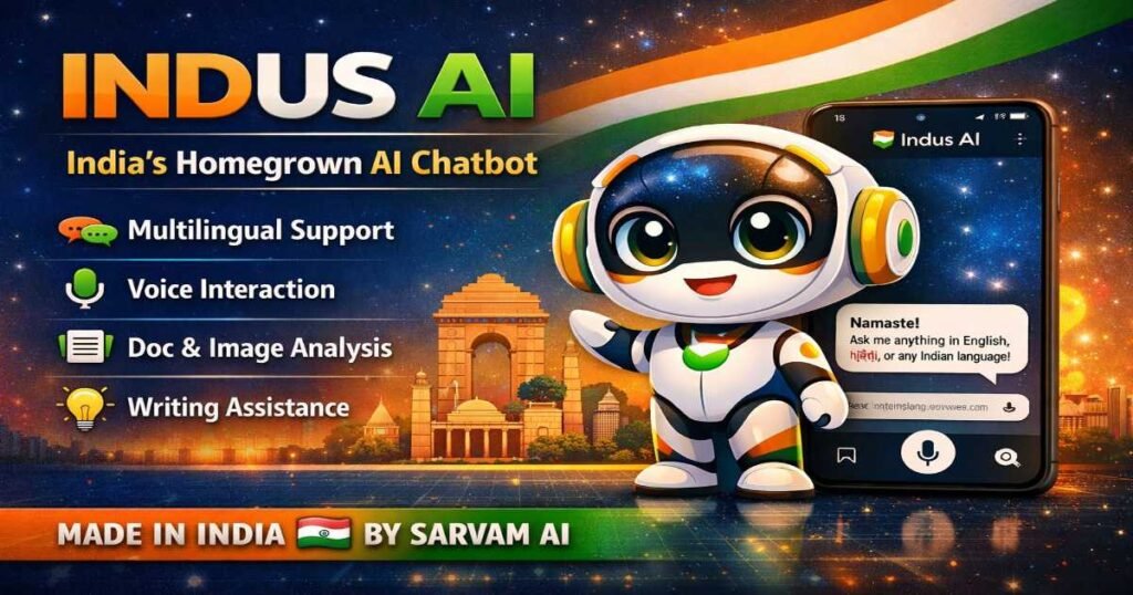 Indus AI chatbot interface with multilingual support and voice interaction, developed by Sarvam AI in India