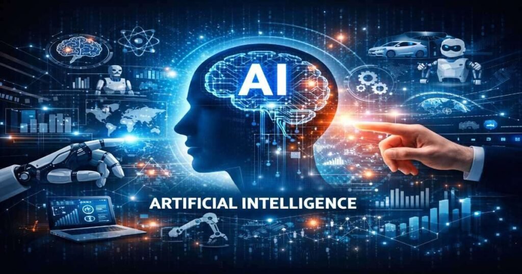 Artificial Intelligence AI concept showing smart technology, data, and human-machine interaction