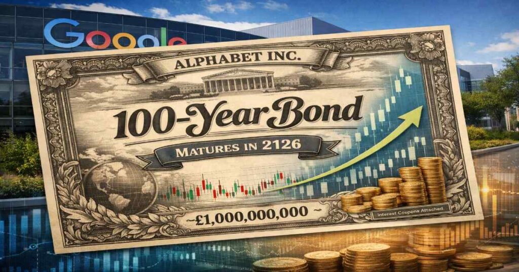 Alphabet Inc. 100-year bond certificate displayed in front of Google headquarters with financial growth chart and stacked gold coins symbolizing long-term AI investment.