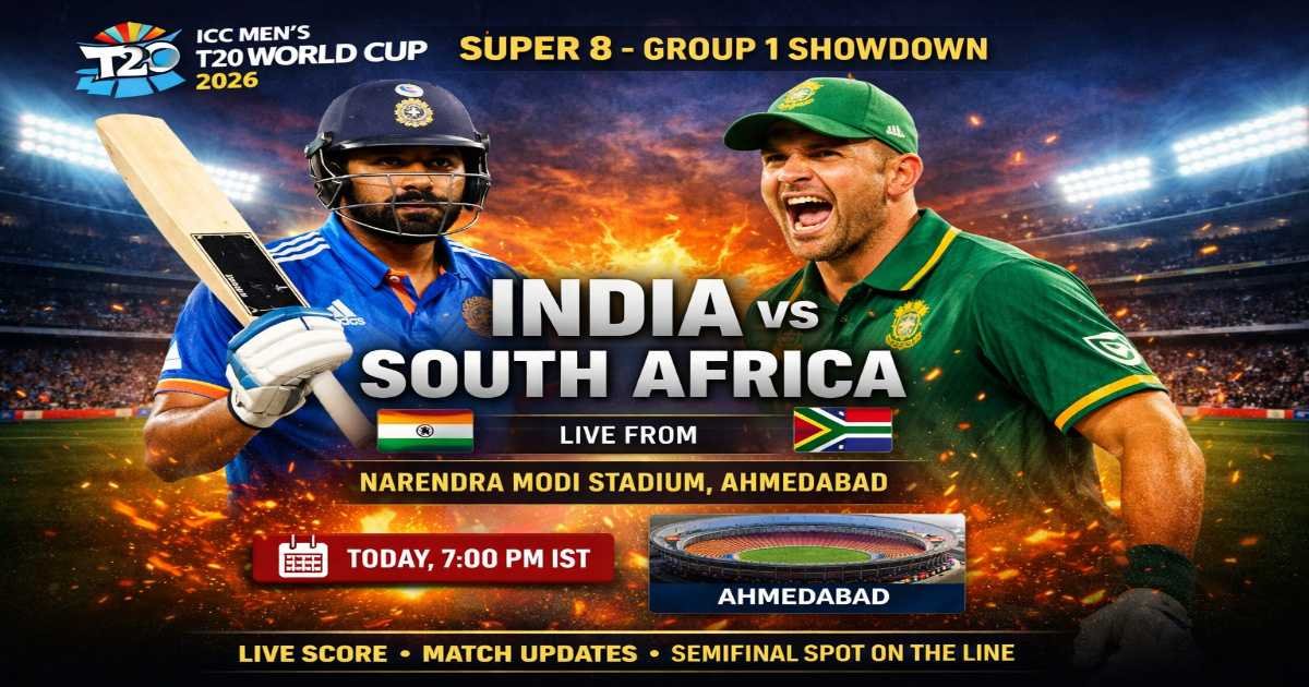 India vs South Africa Super 8 T20 World Cup 2026 match poster at Narendra Modi Stadium Ahmedabad starting 7:00 PM IST