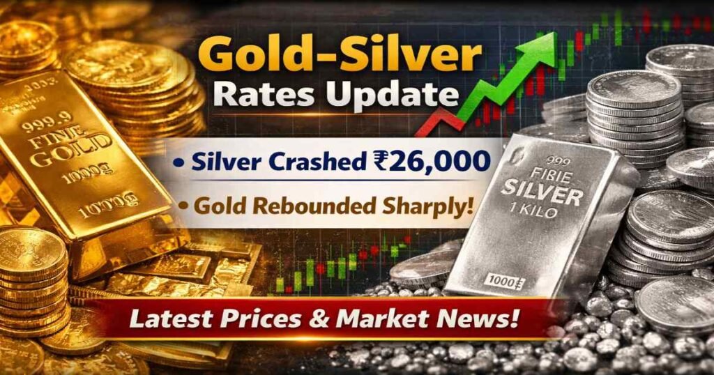 Gold and silver price update image showing gold bars and silver bars with an upward market chart, highlighting silver’s ₹26,000 fall and a sharp rebound in gold prices.
