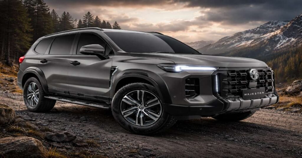 Dark grey MG Majestor SUV parked on a mountain road with snow-covered peaks and forest background during sunset.