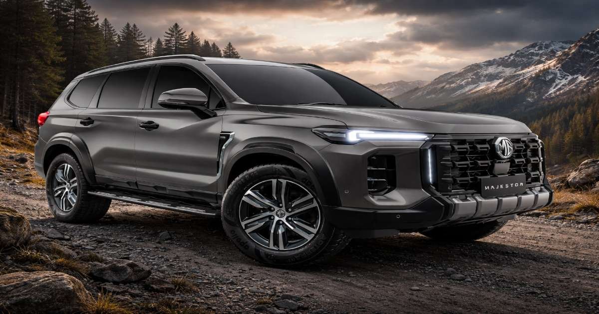 Dark grey MG Majestor SUV parked on a mountain road with snow-covered peaks and forest background during sunset.