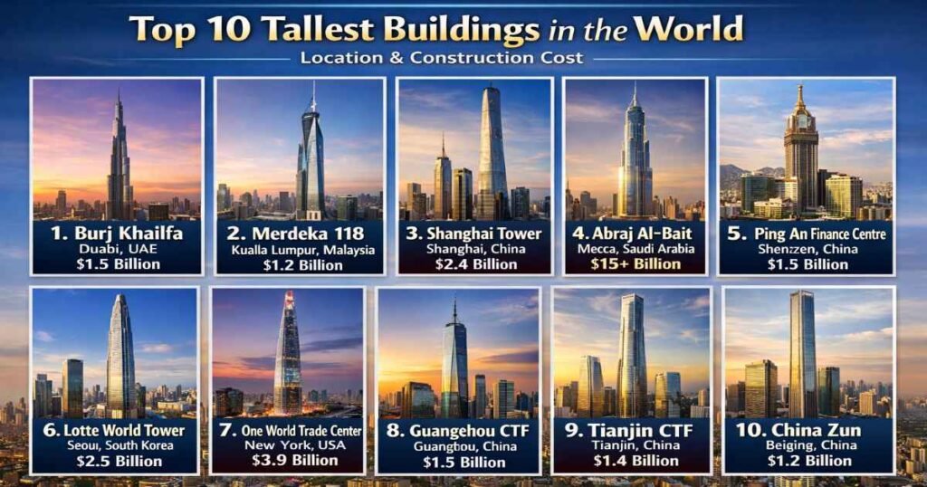 Infographic showing the top 10 tallest buildings in the world with their locations and construction costs, including Burj Khalifa, Merdeka 118, Shanghai Tower, Abraj Al-Bait, and One World Trade Center.