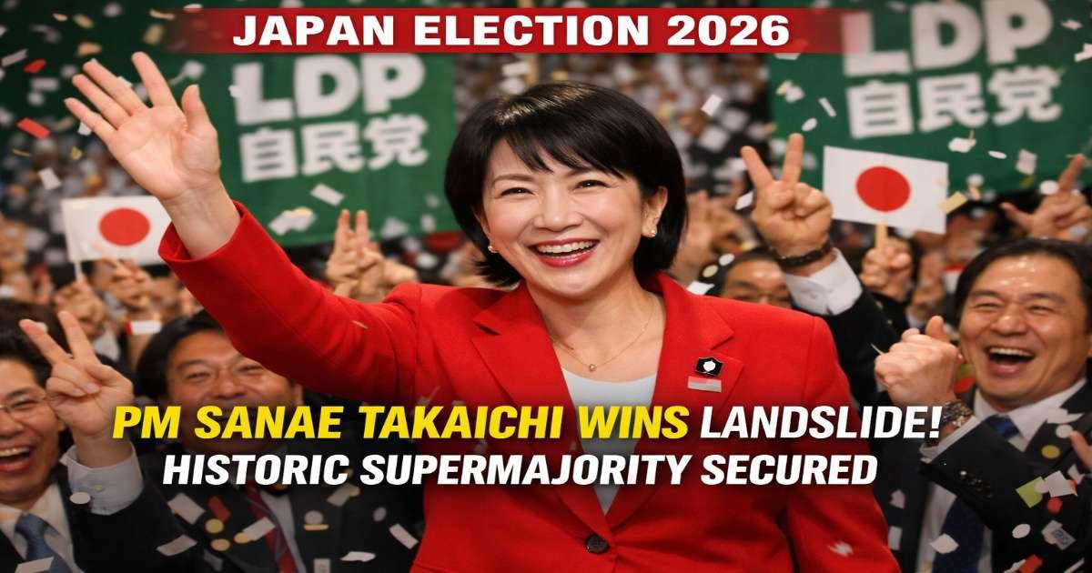 Prime Minister Sanae Takaichi celebrates landslide victory after Japan Election 2026 as LDP secures historic supermajority