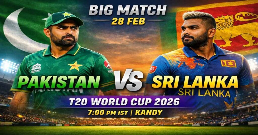 Pakistan vs Sri Lanka T20 World Cup 2026 match banner featuring players from both teams ahead of 28 February clash in Kandy.