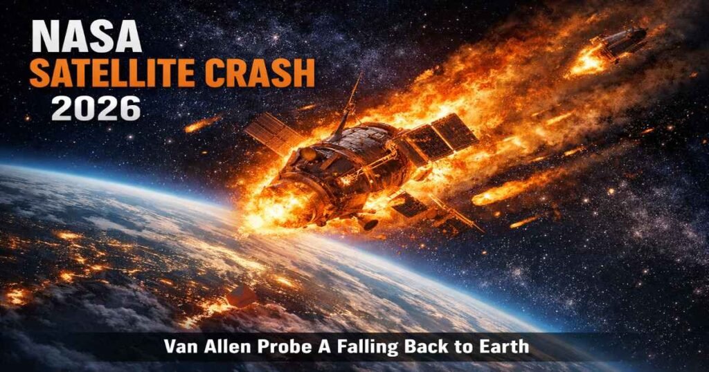 NASA satellite crash 2026 illustration showing Van Allen Probe A burning during atmospheric re-entry toward Earth