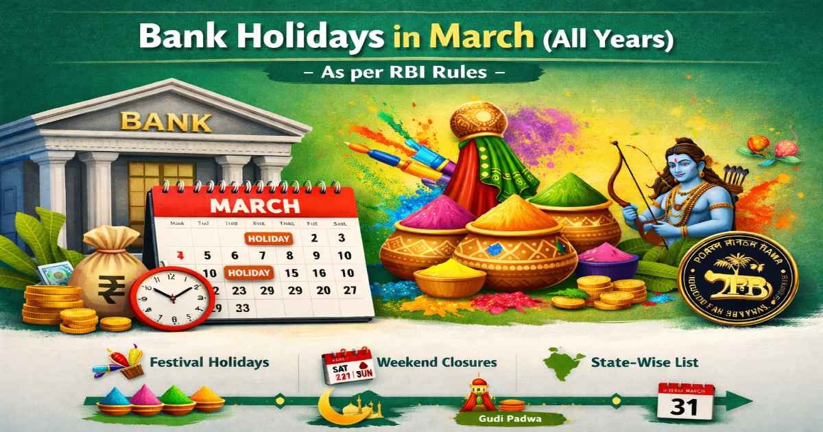 Bank Holidays in March (All Years) as per RBI Rules showing festival holidays, weekend closures, and state-wise bank holiday list in India
