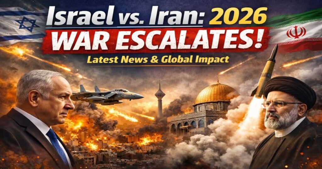 Israel Iran war 2026 latest news showing Benjamin Netanyahu and Ebrahim Raisi with missiles, fighter jets and explosions during rising Middle East conflict