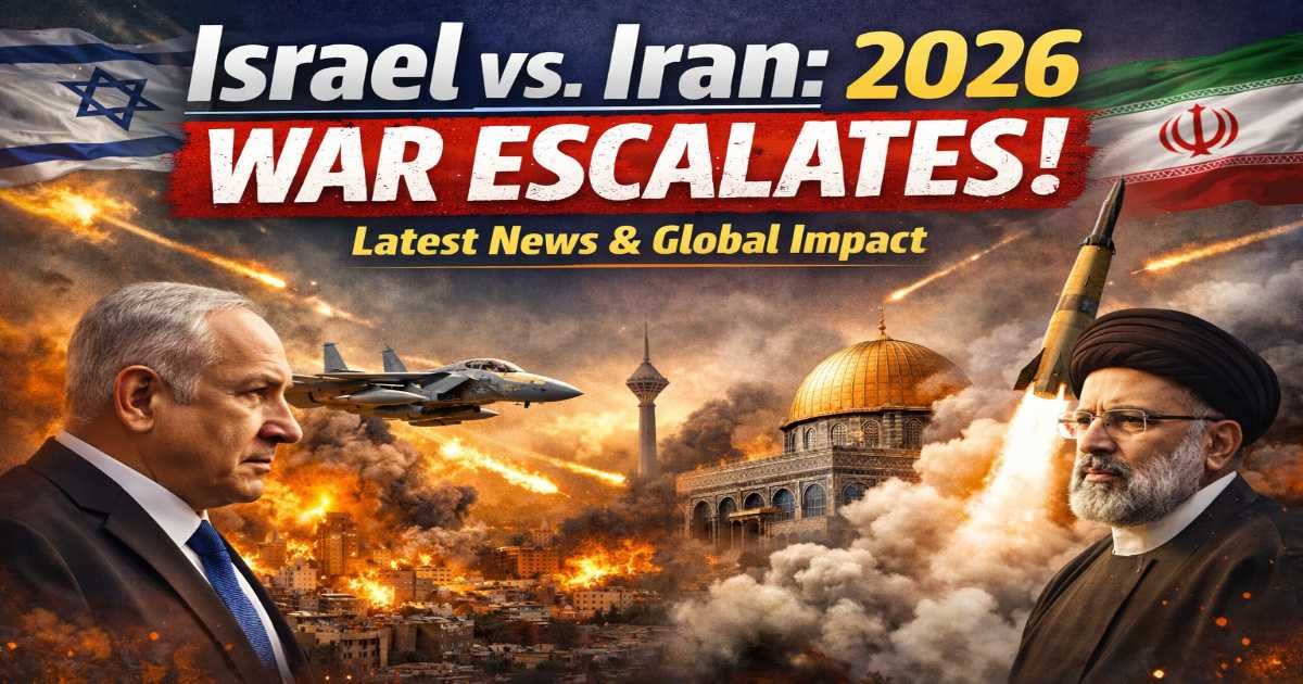 Israel Iran war 2026 latest news showing Benjamin Netanyahu and Ebrahim Raisi with missiles, fighter jets and explosions during rising Middle East conflict