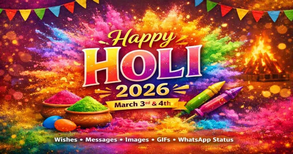 Happy Holi 2026 wishes with colorful powder splash background and festive greeting design