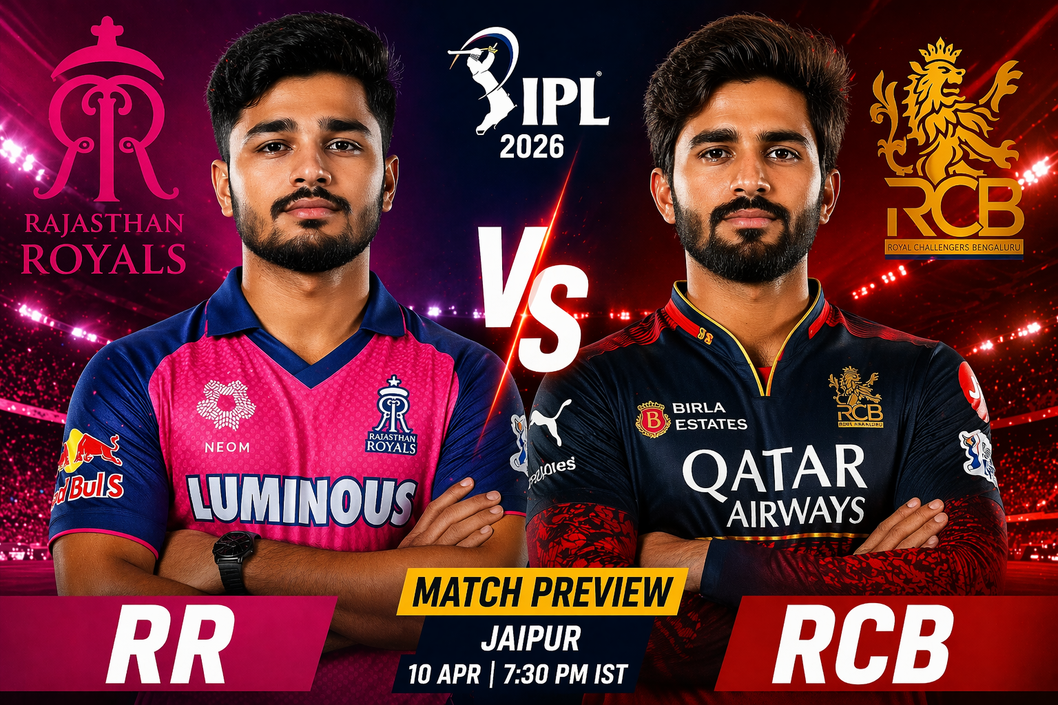 RR vs RCB Dream11 Prediction 2026 thumbnail with Riyan Parag and Rajat Patidar IPL match preview