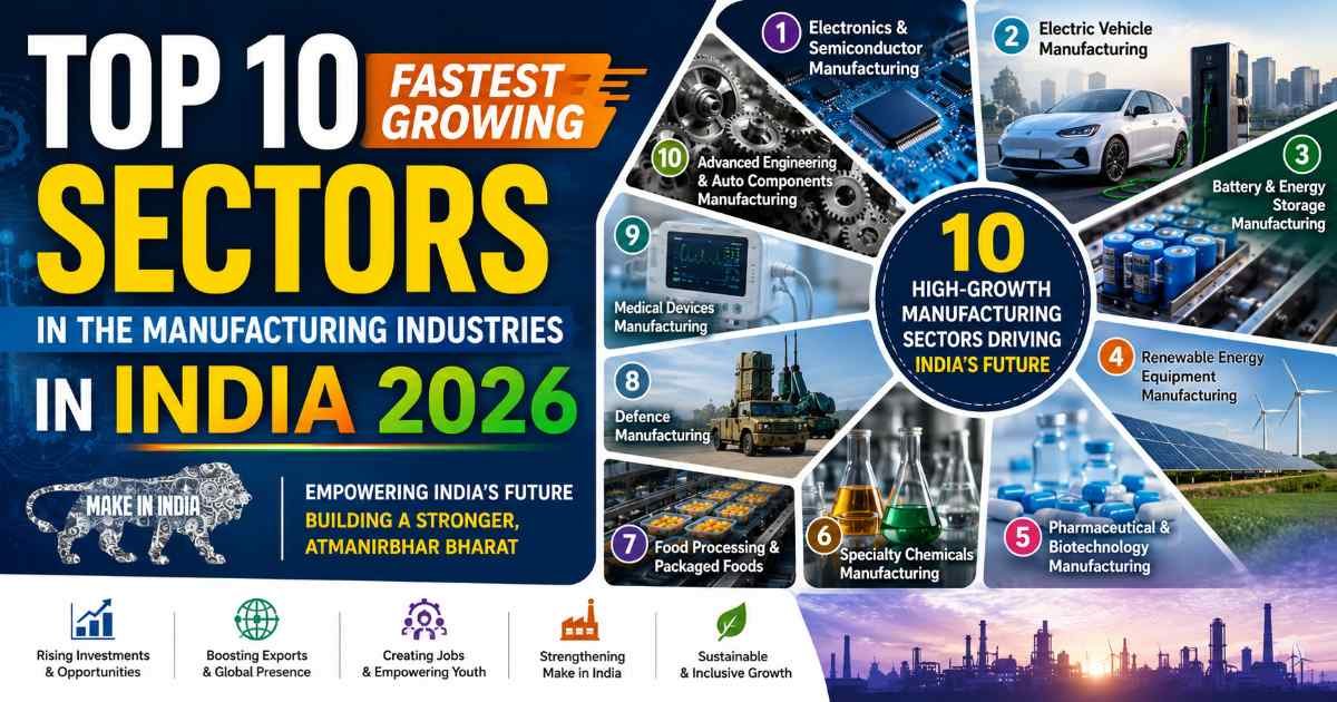 Top 10 Fastest Growing Sectors in the Manufacturing Industries in India 2026 infographic featuring electronics, EVs, batteries, renewable energy, pharmaceuticals, specialty chemicals, food processing, defence, medical devices, and engineering.