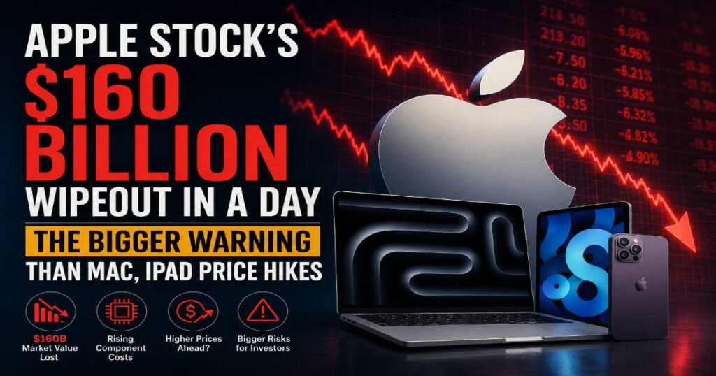 Apple Stock's $160 Billion Wipeout showing falling stock chart and investor concerns over rising component costs.