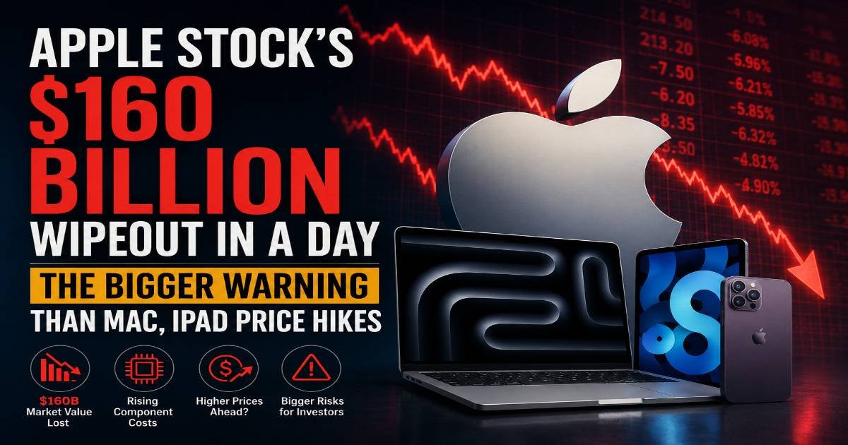 Apple Stock's $160 Billion Wipeout showing falling stock chart and investor concerns over rising component costs.