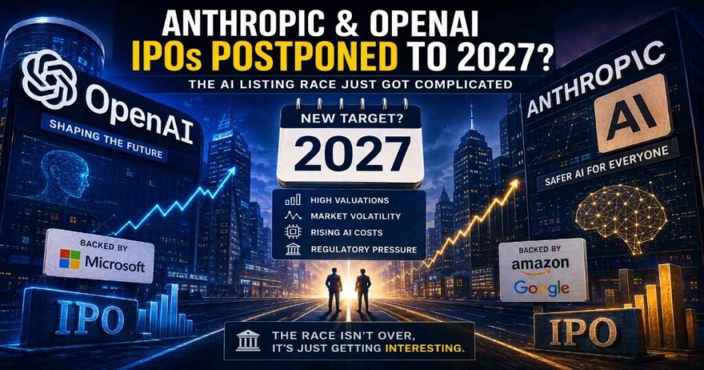 Anthropic and OpenAI IPO 2027 illustration showing AI companies competing for a delayed stock market debut.