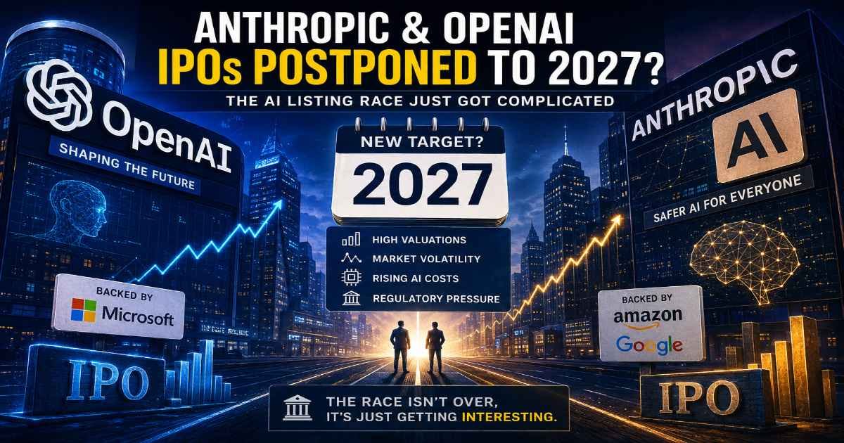 Anthropic and OpenAI IPO 2027 illustration showing AI companies competing for a delayed stock market debut.