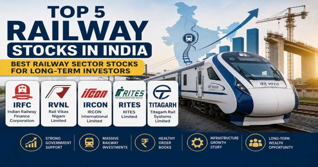 Top 5 Railway Stocks in India 2026 illustration showing a modern high-speed train, railway infrastructure, and stock market growth chart