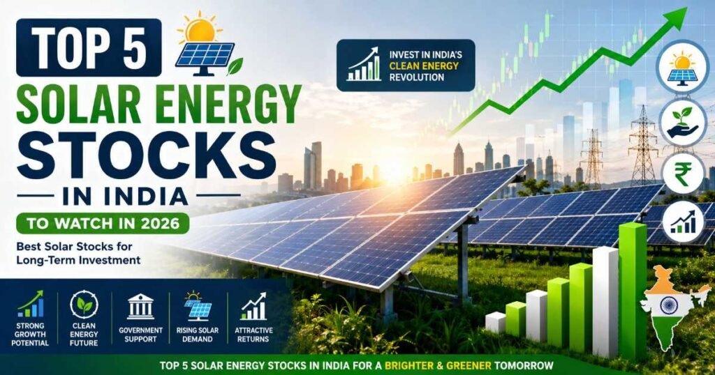 Top 5 Solar Energy Stocks in India featured image showing solar panels and stock market growth.