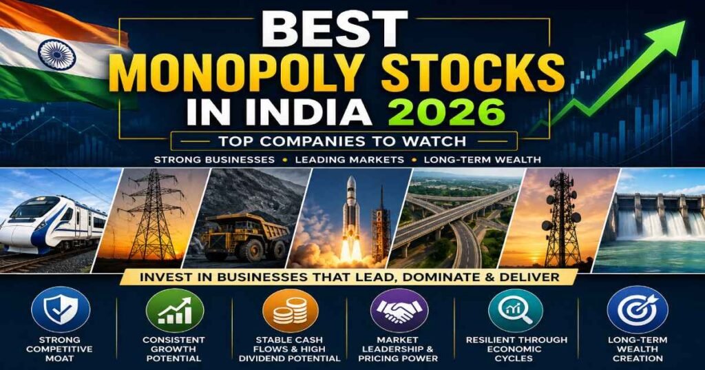 Best Monopoly Stocks in India 2026 featuring leading Indian companies across railway, defence, power, mining, and energy sectors.