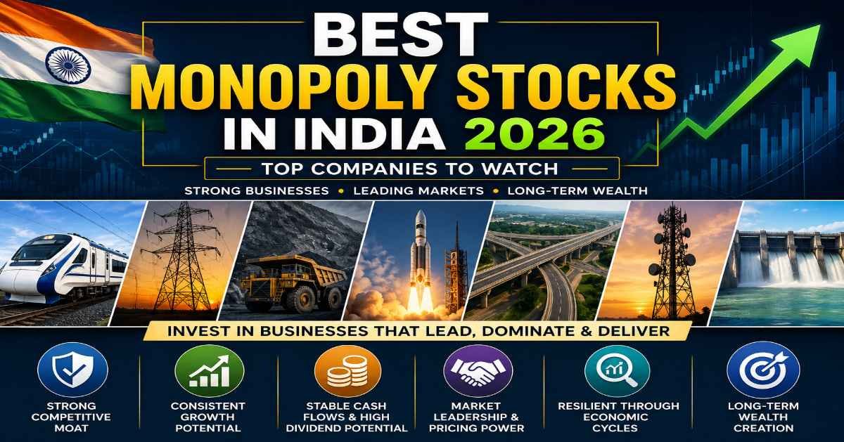 Best Monopoly Stocks in India 2026 featuring leading Indian companies across railway, defence, power, mining, and energy sectors.